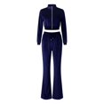 thumbnail image 4 of Unir Casual Velvet 2 Piece Tracksuit For Women, Long Sleeve Zip Crop Top & Elastic Drawstring Flared Pants Soft Plush Loungewear Outfit S-XXXL Plus Size Friendly True To Size, 4 of 6