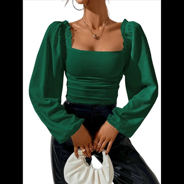 Blusa Corta de Larga con Cuello Cuadrado y Mangas Abullonadas para Mujer Verde L
