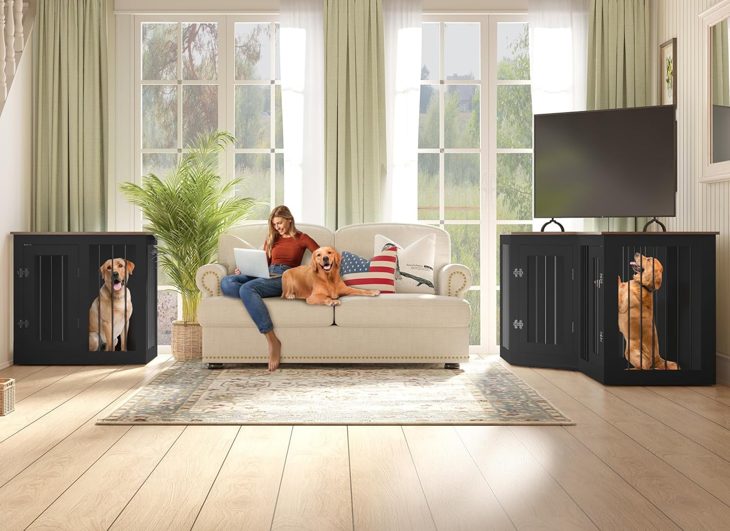 Large Dog Crate Furniture for 3 Dogs, Cuoote 113" Corner Dog Kennel, 3-in-1 Heavy Duty Indoor Wooden Crate for Small, Medium & Large Dogs