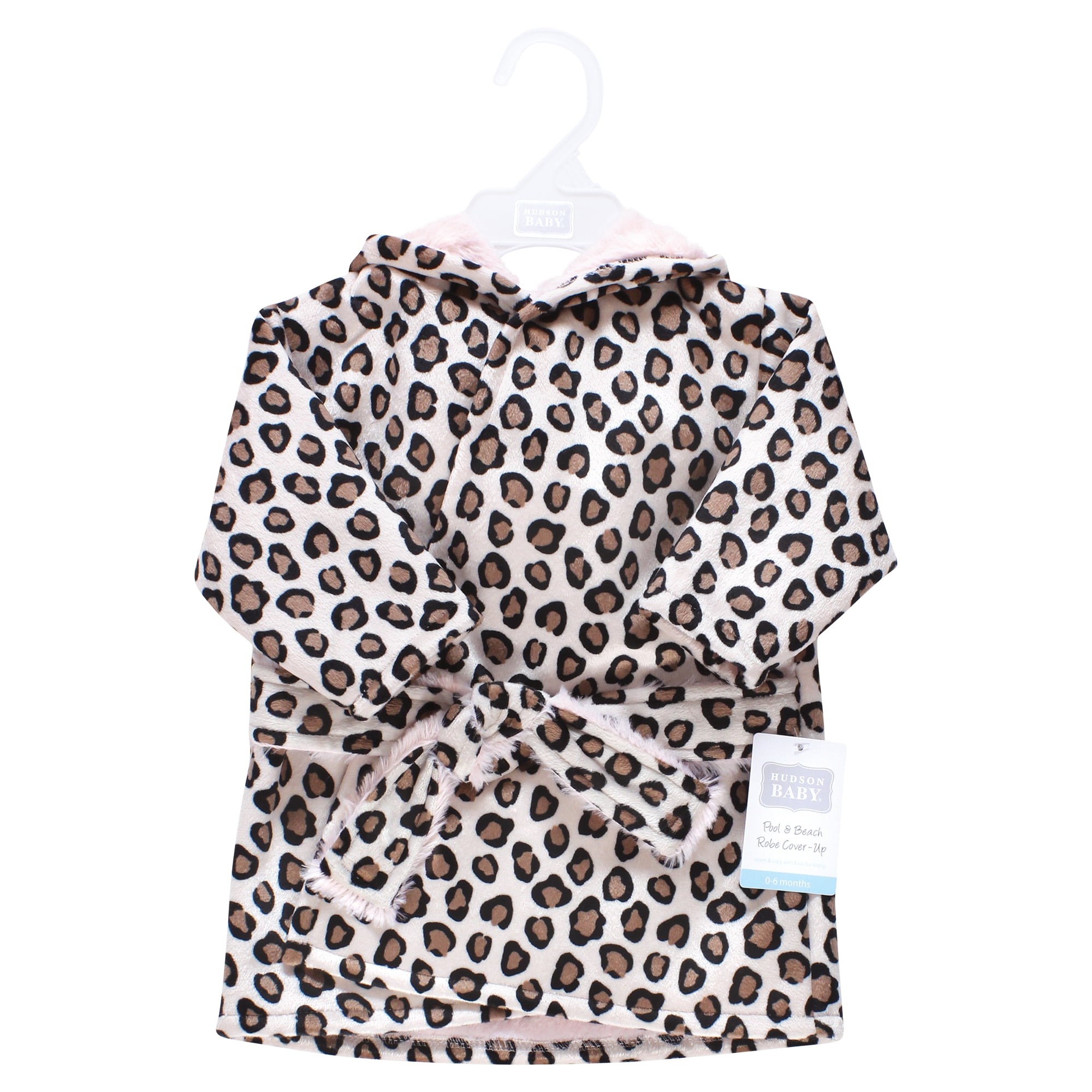 Hudson Baby Infant Girl Mink with Faux Fur Lining Pool and Beach Robe Cover-ups, Leopard Pink, 0-6 Months