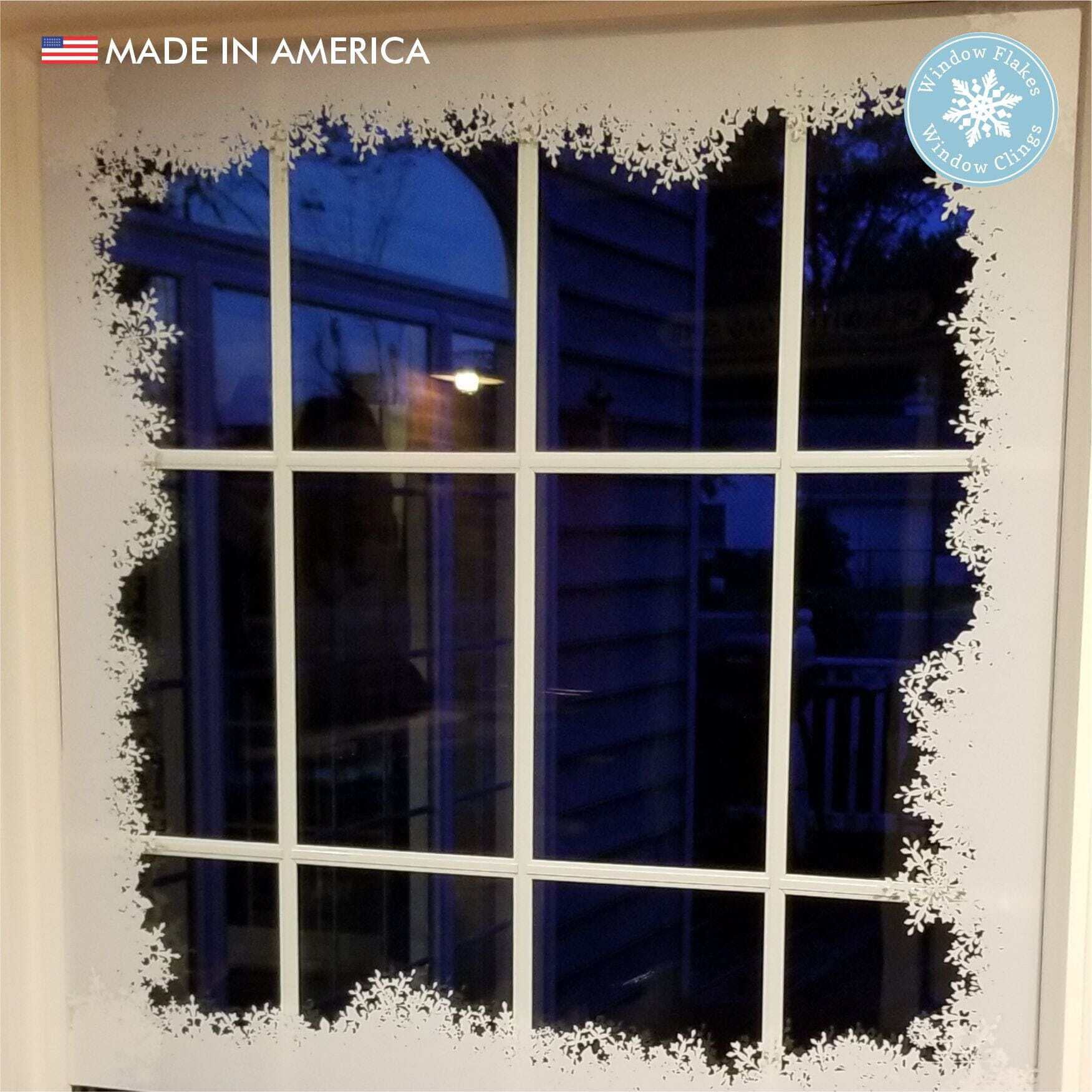 Window Flakes Fluffy Snowy Border Window Cling Decal for Christmas Holiday Glass Decoration. Large Vinyl Border. Made in America.