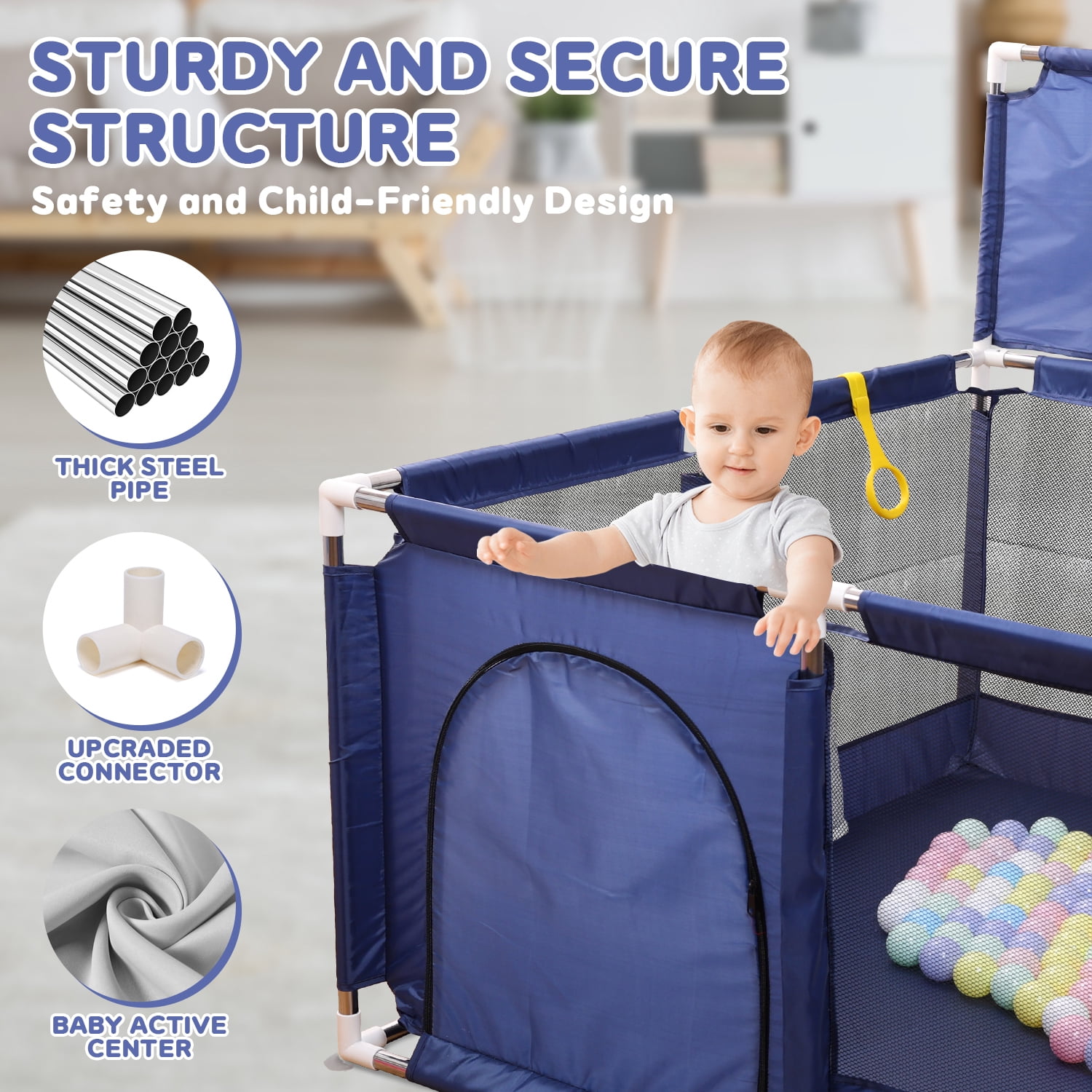 JoyStone 50 x 50 Baby Playpen with 30 Ocean Balls, Soft Mesh Sides, Basketball Hoop & Pull Rings, Indoor Baby Fence for Toddlers, Blue
