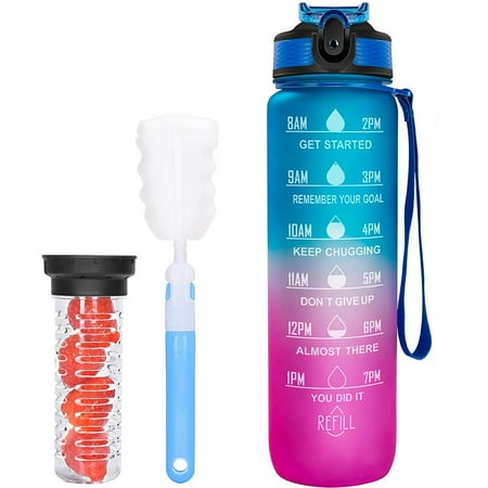 

Water Bottle with Fruit Container 1 Litre Motivational Water Bottle with Time Mark Leak-Proof BPA-Free Sports Flash for Sports Fitness Outdoor with Cleaning Brush 1 Click Open