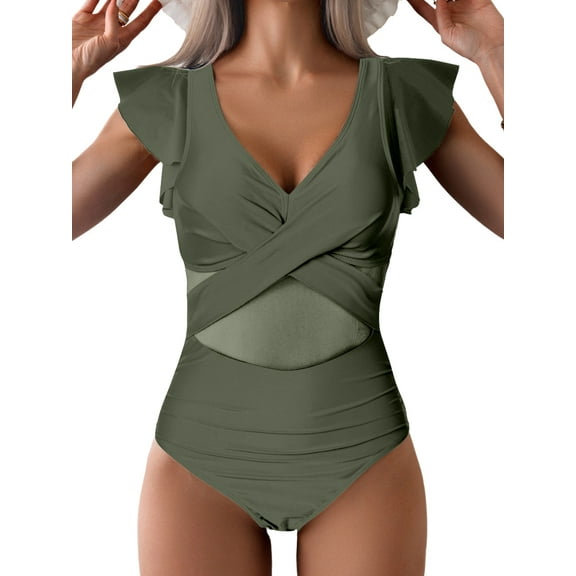 AWCHIC Women's One-Piece Swimsuit Sexy Mesh Tummy Control V Neck Ruffled Sleeve Bathing Suit, Size S-2XL