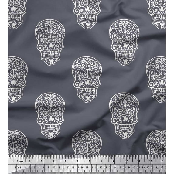 Soimoi Satin Silk Fabric Skull Block Print Sewing Fabric Yard 42 Inch Wide