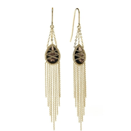 Smokey Quartz Set 18kt Gold over Sterling Silver Hand-Wrapped Drape Chain Hanging Teardrop Smokey Quartz Stone Earrings ()