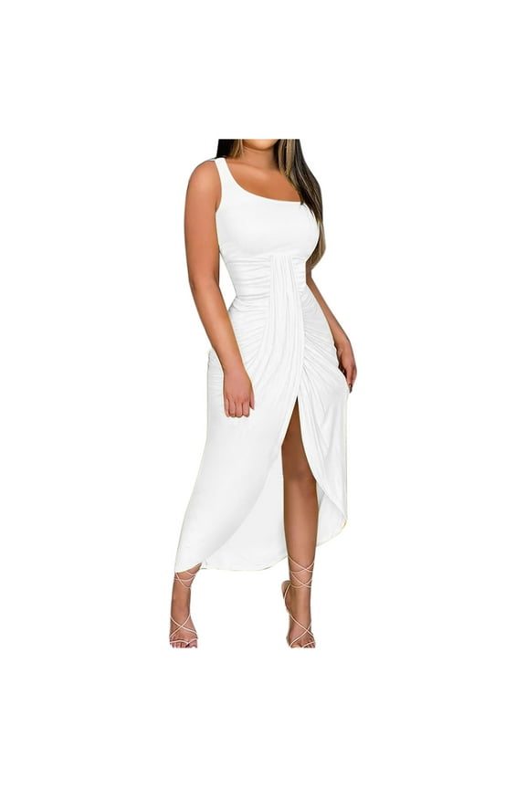 Summer Dress, Plus Size Casual Dresses, Women Solid Strapless Long Dress, Beach Split Dress, Party Club Dress, Beach Dress Sun Dresses White L