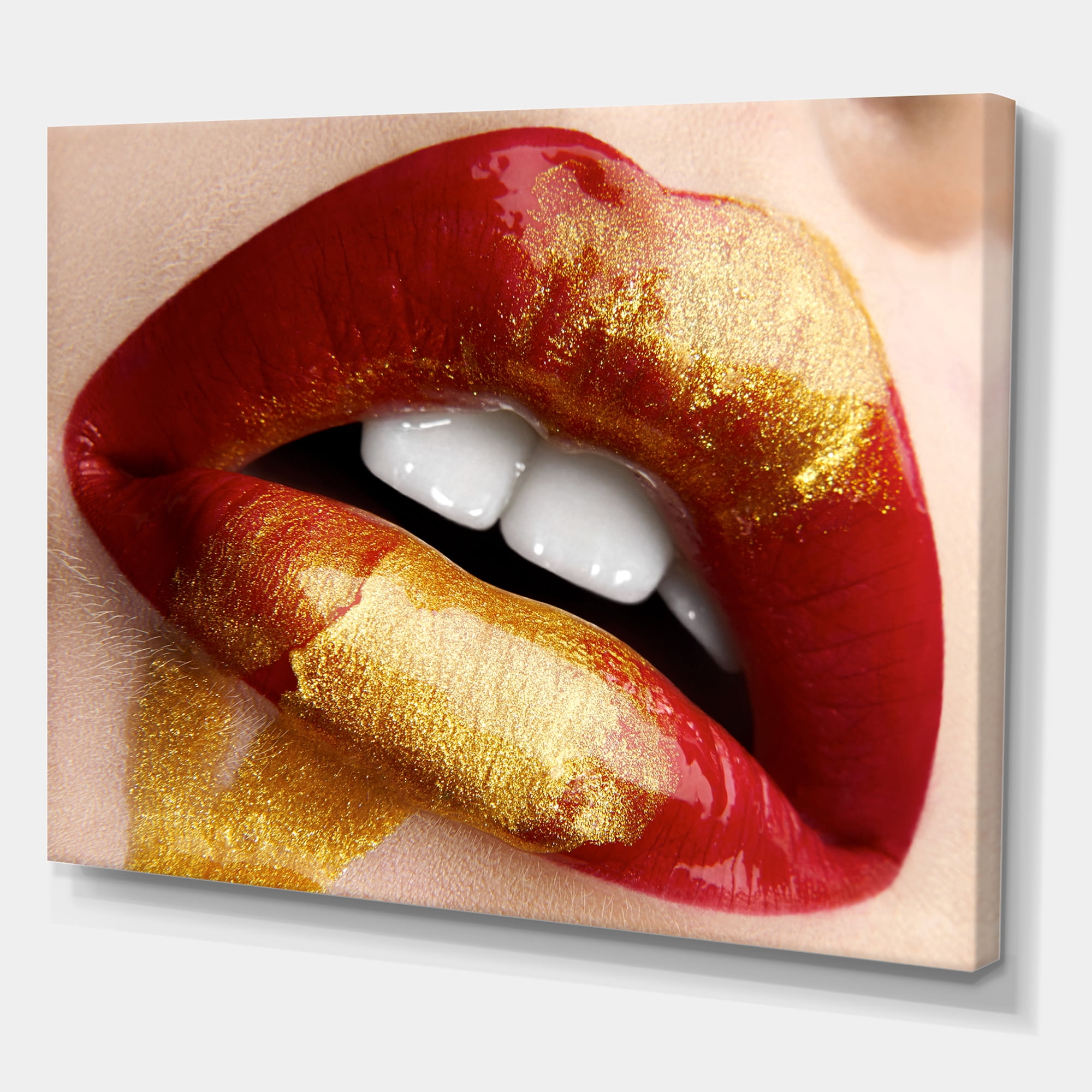Designart ' Plump Woman Lips With Gold and Red ' Modern Canvas Wall Art Print