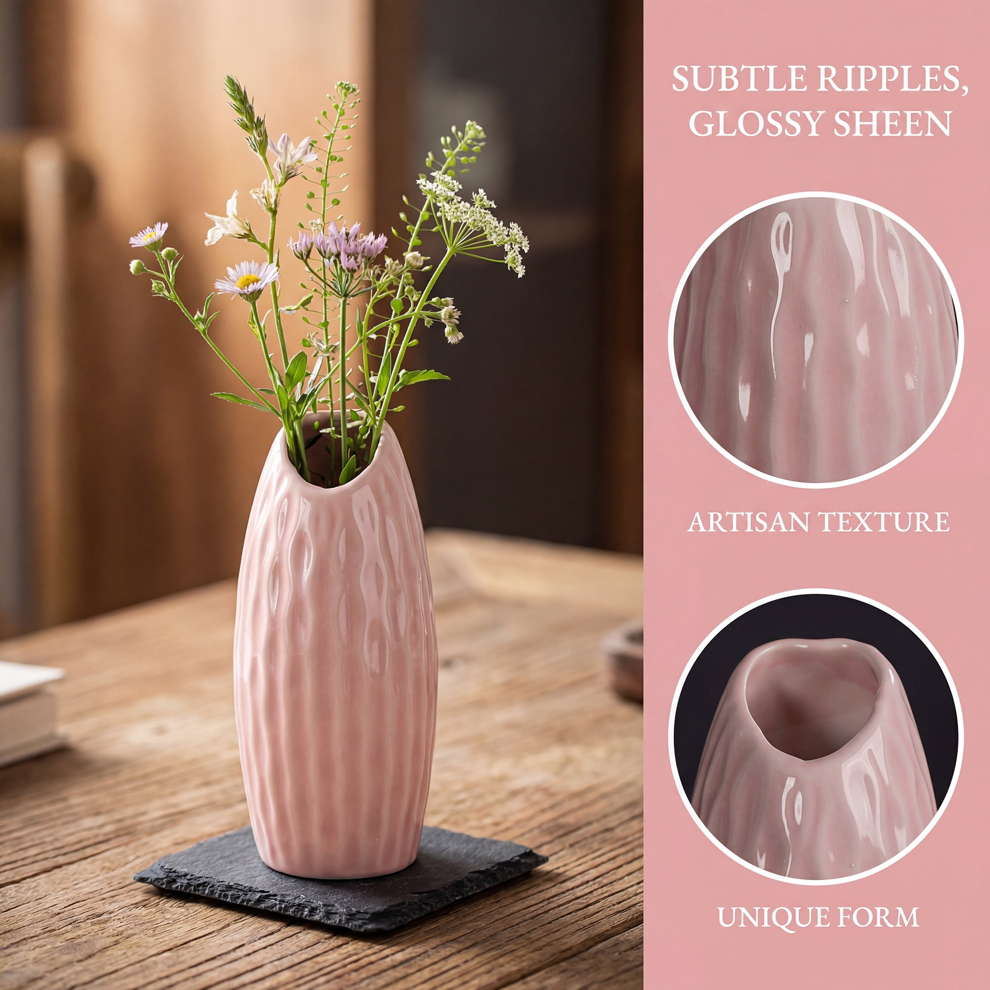Unique Bargains Matte Ribbed Decorative Flower Vase Pink 2.4"L x 2.4"W x 5.1"H
