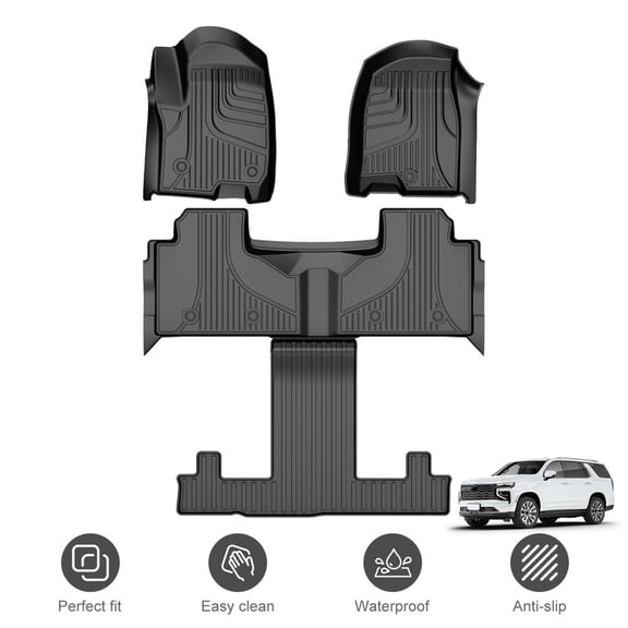 TPE 3‑Row Floor Mats, Custom Fit All‑Weather Floor Liners for 2021‑2025 Chevy Tahoe & GMC Yukon 7‑Passenger Only with 2nd Row Bucket Seats, Not for Yukon XL, Non Slip Floor Mat