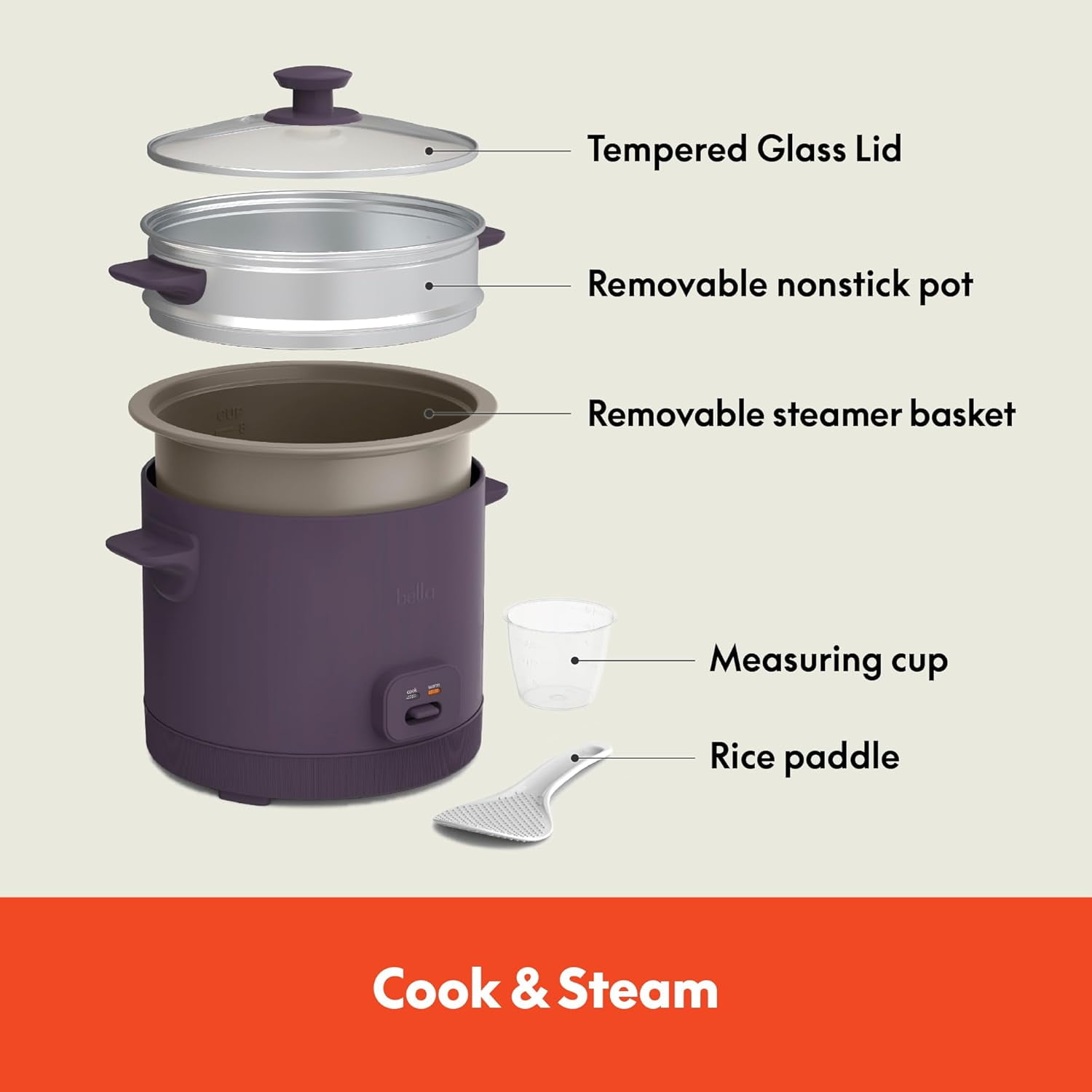 16 Cup Rice Cooker with Steamer, Nonstick Bowl,  Warm Function,