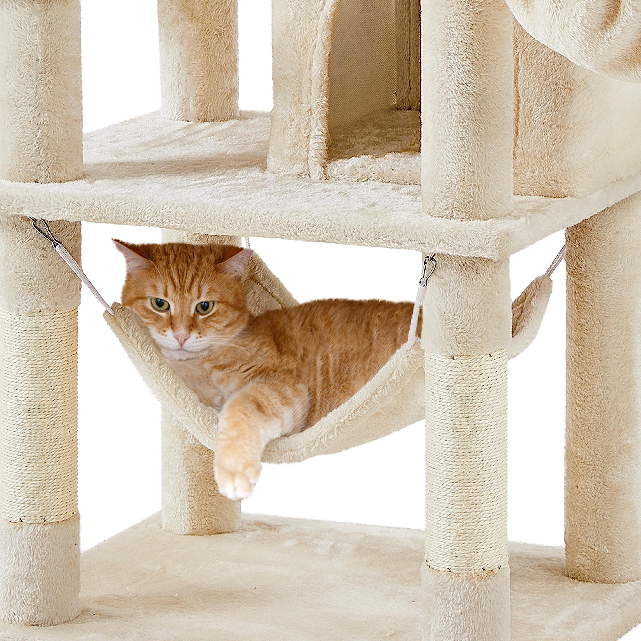 Cat Tree for Indoor Cats, 67 Inch Tall Cat Tower with Scratching Posts, Multi-Level Cat Condo with Removable Fur Ball Toys, Cozy Perch, Soft Hammock, Modern Cat Climbing Furniture, Beige