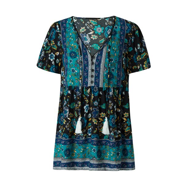 Sunloudy - Camisetas de verano con estampado floral para mujer, bohemias, de manga corta, con cuello en V, con botón frontal Sunloudy moda