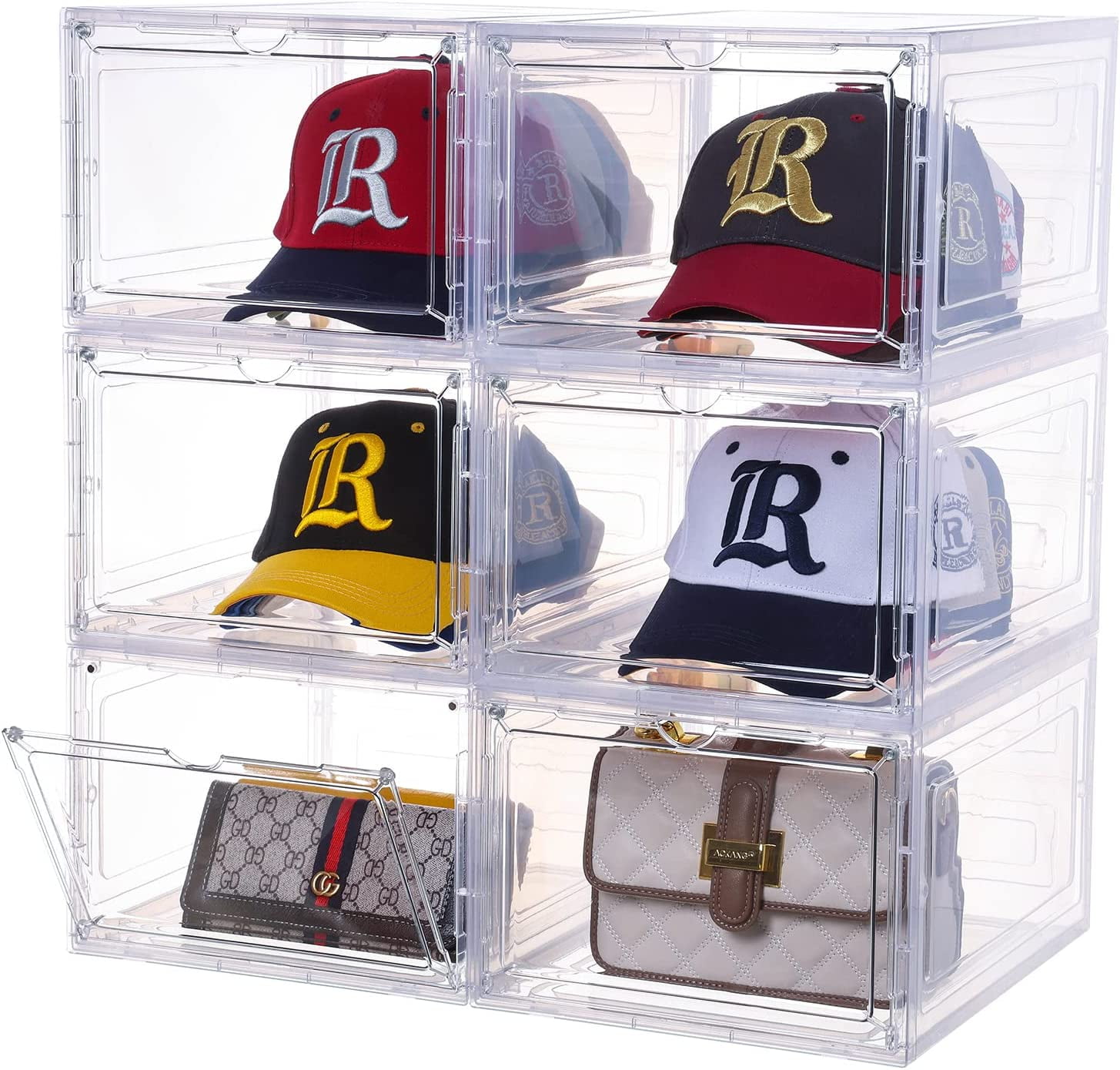 Hat Organizer for Baseball Caps,set of 6, Transparent Hat Storage Box, Hat  Holder With Clear Magnetic Door, Stackable Hat Rack, Easy to Assemble  Stylish Hat Display(13.5 x 10.6 x 7.5 ) 