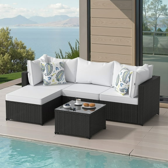 Phonjoroo 5PCS Patio Furniture Sets All Weather Outdoor Sectional Sofa Manual Weaving Wicker Rattan Outdoor Conversation Set with With Cushion And Glass Table, White