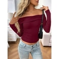 thumbnail image 4 of Womens Long Sleeve Off Shoulder Shirts Tight Fitted Y2K Ruched Tee Tops Blouses 2025 Trendy Outfits Wine Red XL, 4 of 7