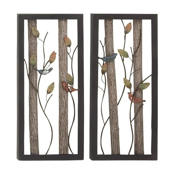 DecMode Black Metal Bird Wall Decor with Tree Branches and Colorful Leaves (2 Count)