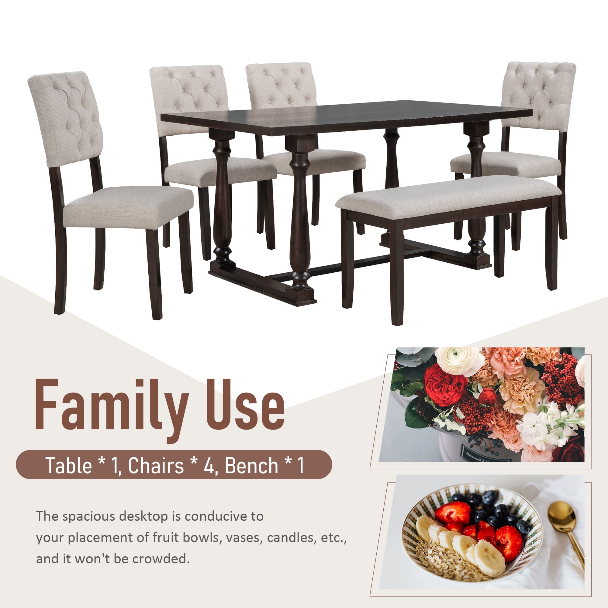 Howcool 6-Piece Dining Room Set, Special-Shaped Legs, Foam Covered Seat Backs & Cushions, Espresso