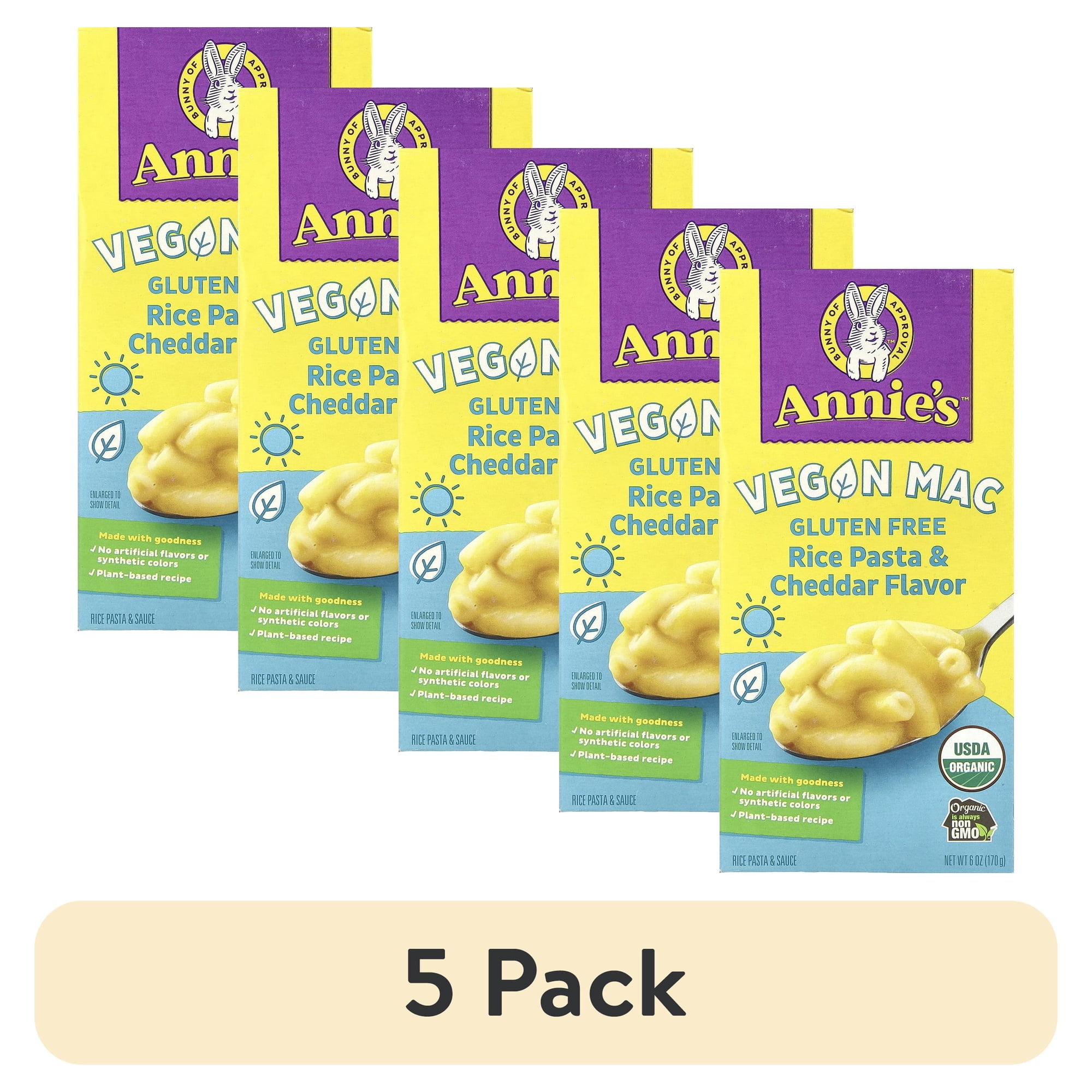 (5 pack) Annie’s Vegan Mac Rice Pasta and Cheddar Flavor Dinner with Organic Gluten Free Pasta, 6 OZ