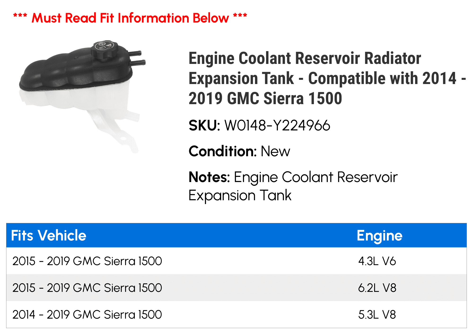 Engine Coolant Reservoir Radiator Expansion Tank - Compatible with 2014 - 2019 GMC Sierra 1500 2015 2016 2017 2018