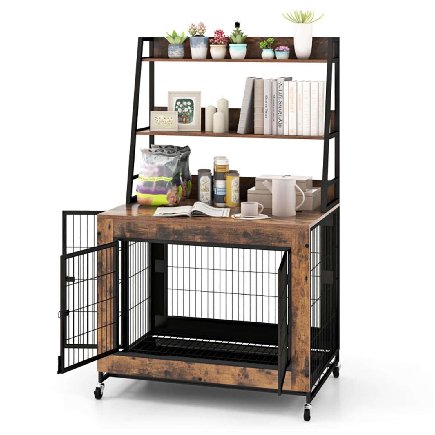 Demi Bonn 38" Industrial Dog Crate Furniture with Storage Shelves, Wooden Kennel Table with Double Doors, Indoor Dog House for Medium Dogs, Brown