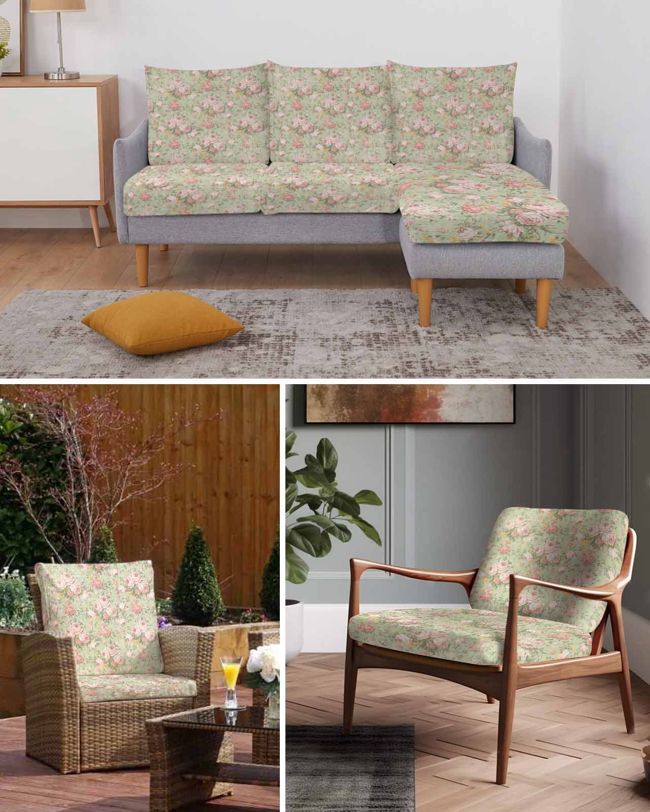 Pink Flowers Couch Cushion Covers,Stretch Seat Cushion Covers for Sectional Sofa,Green Country Botanical Floral Leaves Loveseat Sofa&nbsp;Slipcovers Furniture Protector with Elastic Straps 1Pcs, M