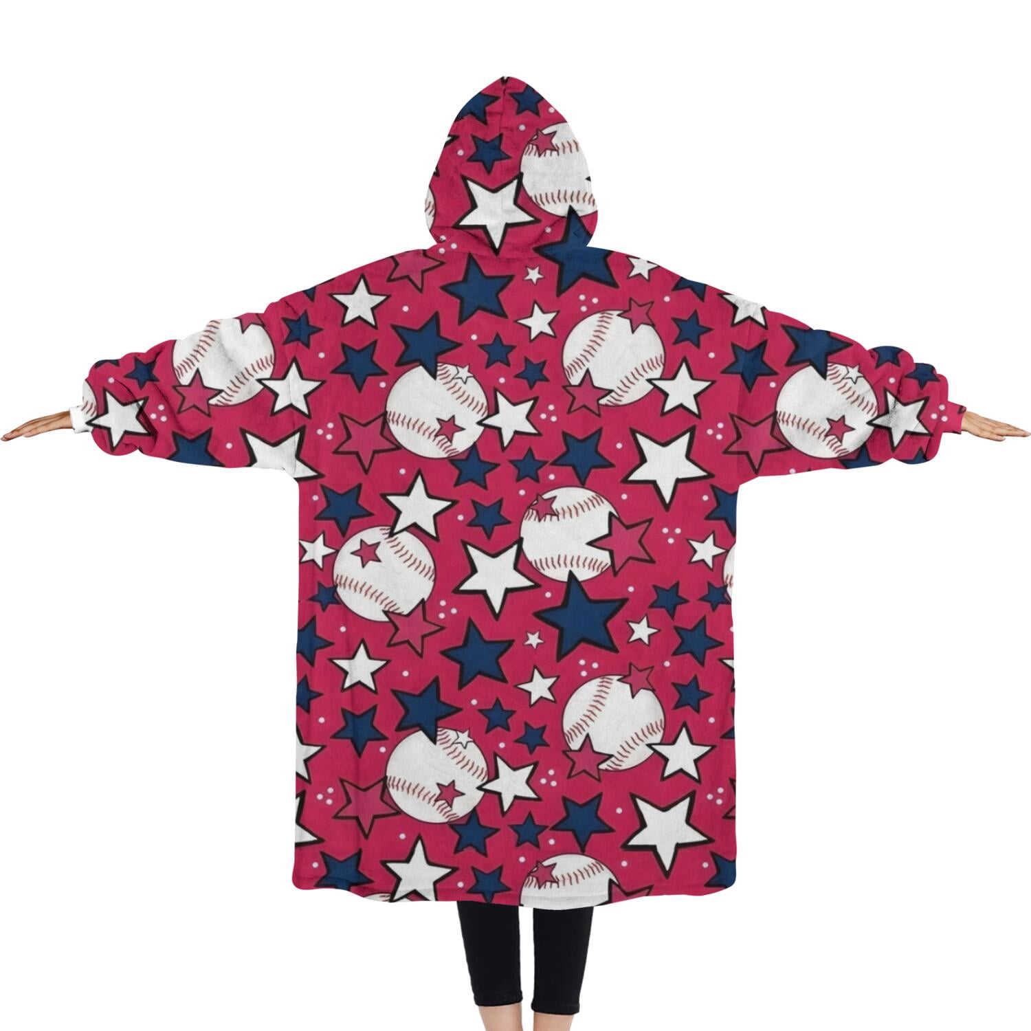 Oversized Wearable Blanket Hoodie,Red Baseballs and Stars Pattern Sherpa Blanket Hoodie with Super Pockets,Super Warm Fuzzy Pullover for Women & Men