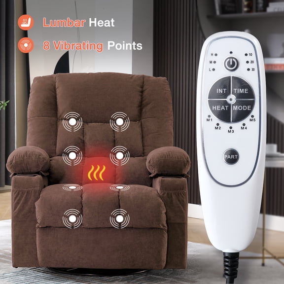 Oversized Massage Recliner Chair for Elderly,Modern Living Room Electric Rocking & Reclining Chairs with with Heat, 8-Point Vibration,USB Charger and Cup Holders, Plush Velvet Single Sofa, Brown