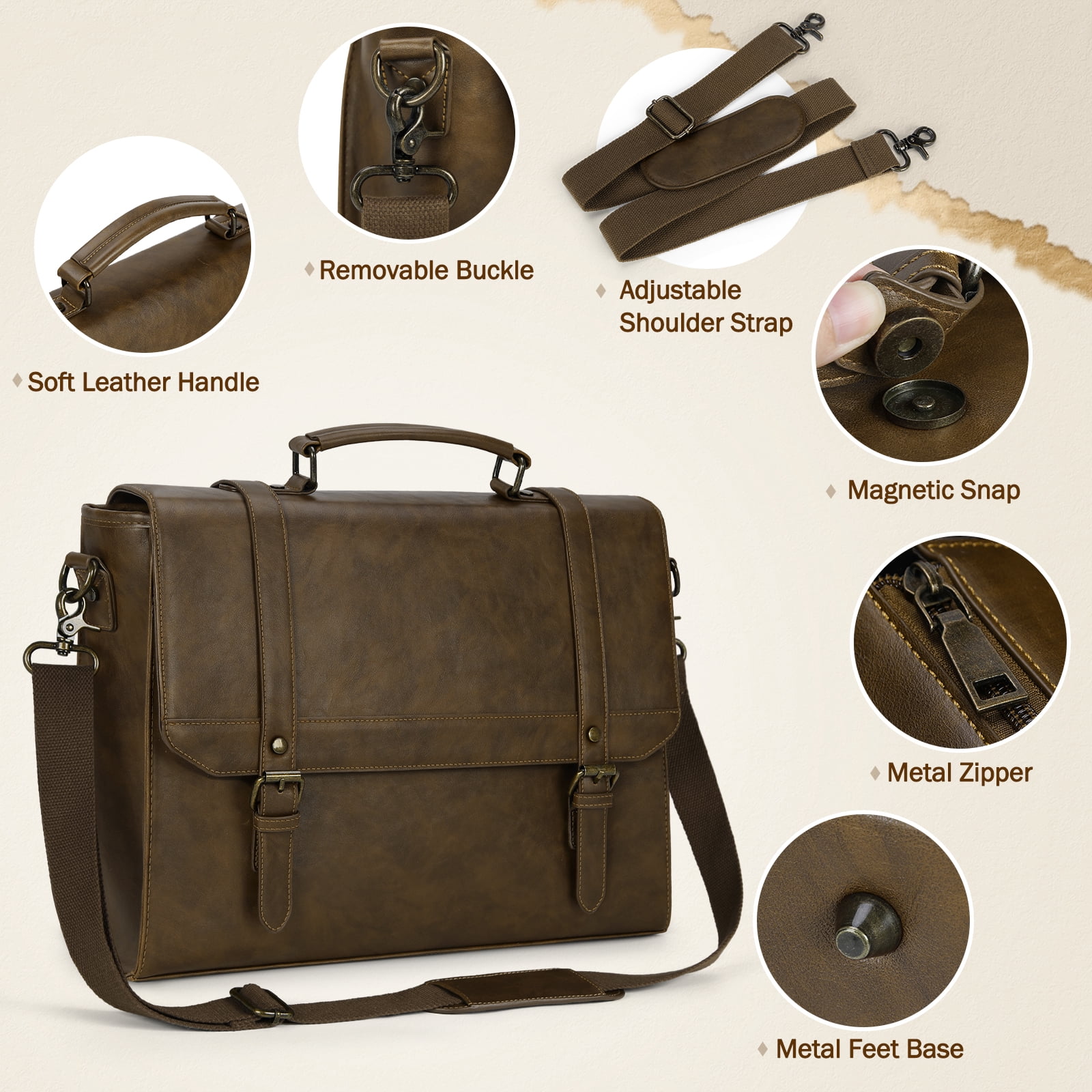 RAINSMORE Messenger Bag for Men 15.6 inch Vintage Leather Waterproof Laptop Briefcase Computer Laptop Bag Large Satchel Bag Retro Shoulder Bag for Office Business College,Khaki