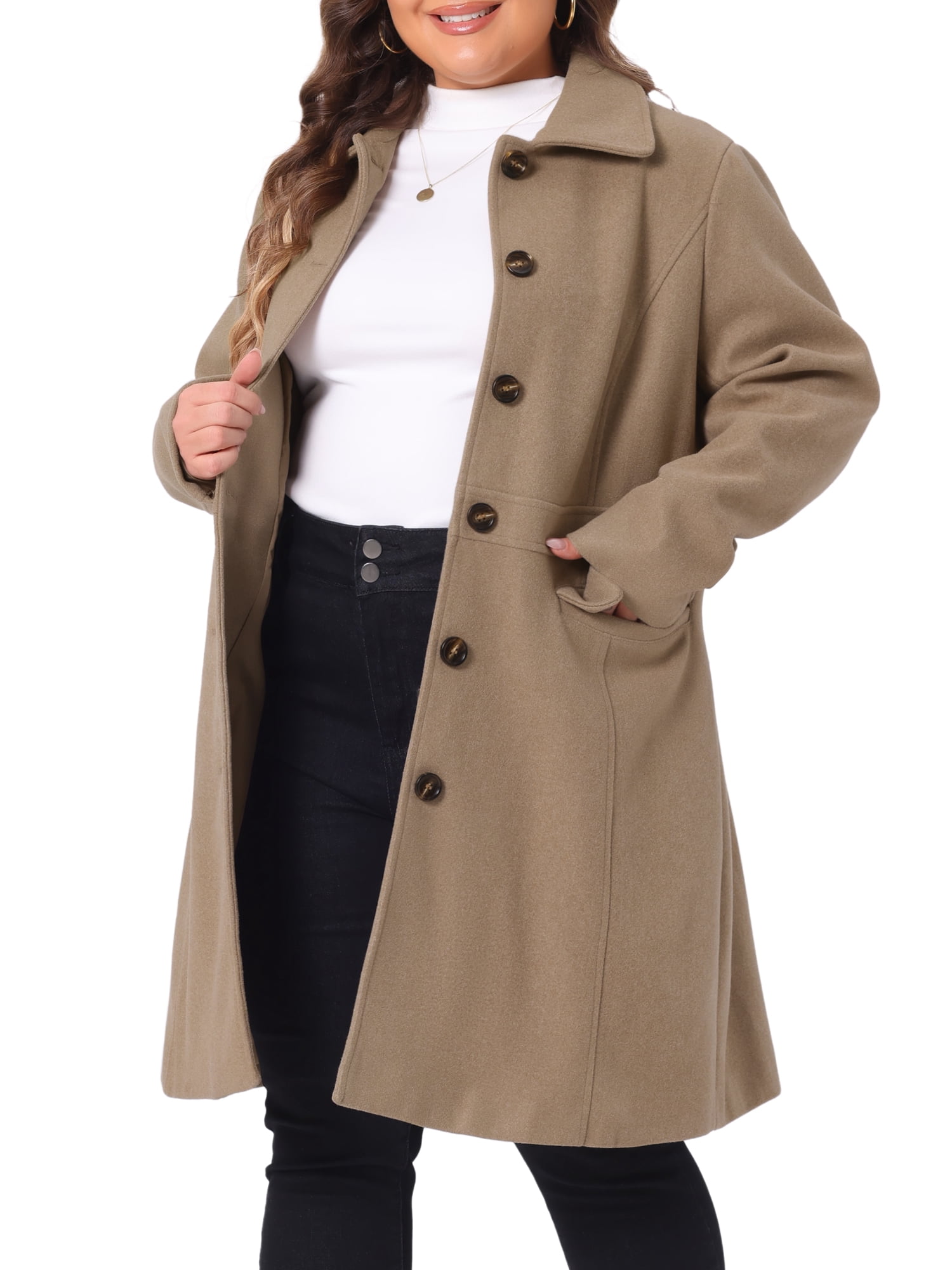 DARING DIVA Women's Plus Size Peter Pan Collar Single Breasted Coat 3X Light Brown