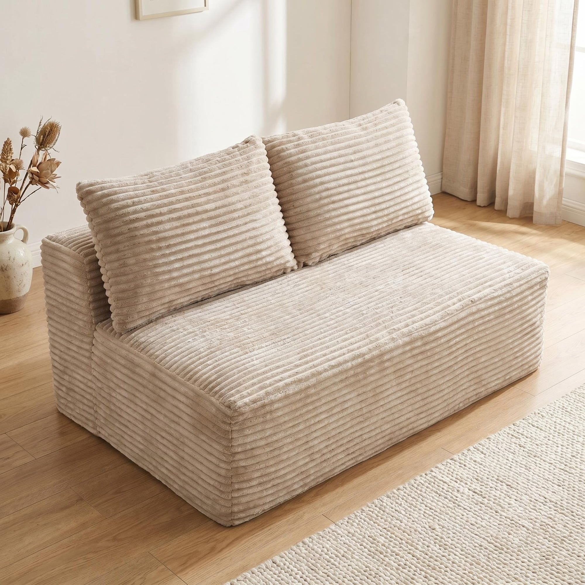 Leumius Corduroy Loveseat, 2-Seater Floor Sofa,Armless Legless Compressed Sofa Couch for Living Room, Small Apartment, Bedroom,Camel