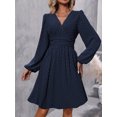 thumbnail image 2 of Women V-Neck Dot Jacquard Spring And Autumn Long-Sleeved A-Shaped Waist Puff Sleeve Dress, 2 of 5