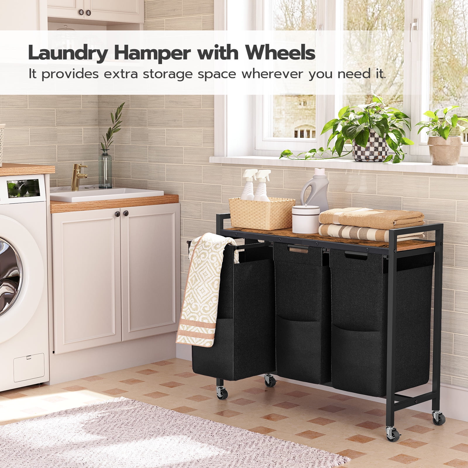 HOOBRO 3-Section Laundry Sorter with Wheels and Removable Bags, Rustic Brown and Black