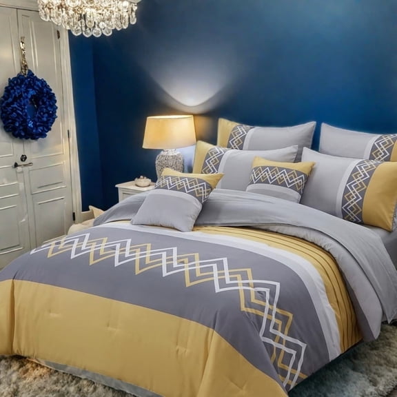 Davulos Full Size Comforter Set,6 Pieces Bed in Bag Set Geometric Pattern Yellow Bedding Sets with Comforter, Flat Sheet, Fitted Sheet, 2 Pillowcases & 1 Decorative Pillowcase