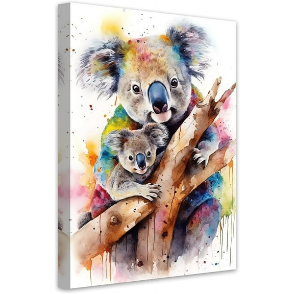 Aaheei Watercolor Koala Canvas Wall Art - Mother and Baby on Tree Poster Prints - Cute Animals Colorful Artwork for Nursery Kids Room Decor