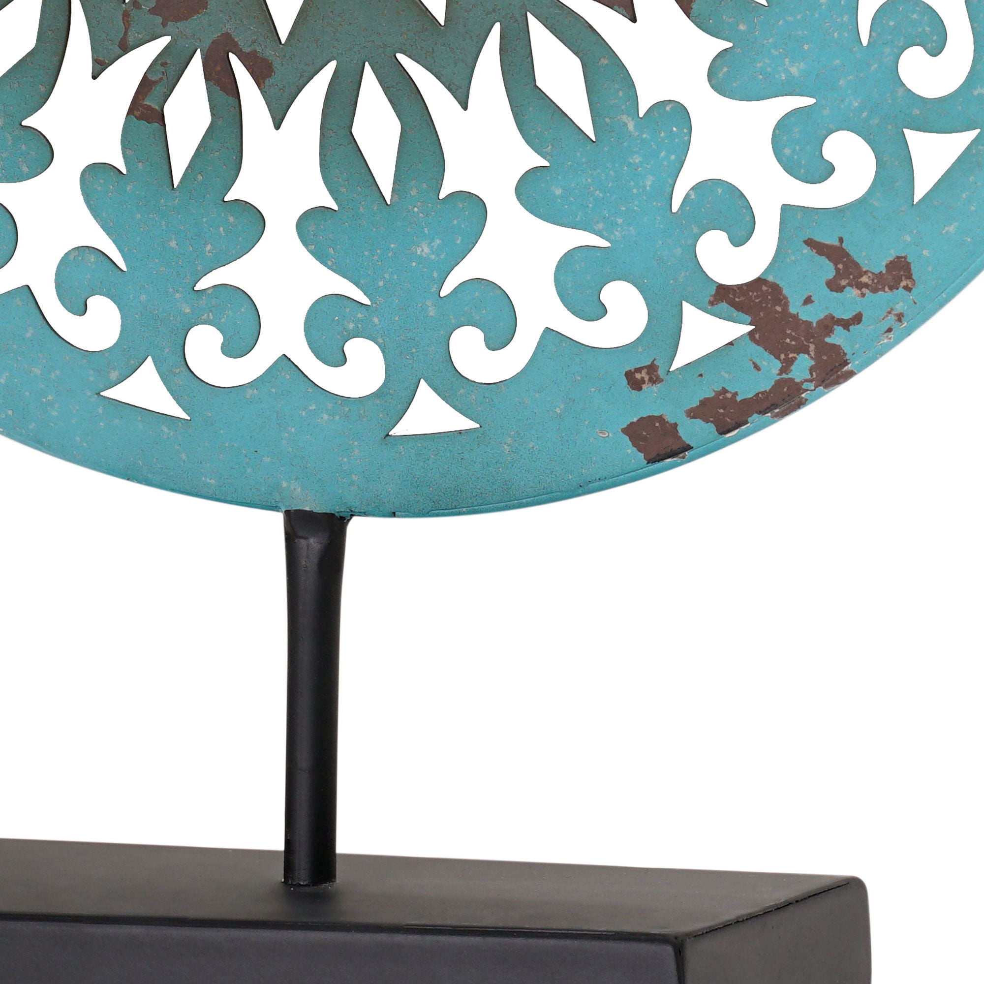 American Art Decor Turquoise Blue Rustic Antique Distressed Metal Mandala Medallion Round Tabletop Art Sculpture - 15" H x 12" L x 3" D