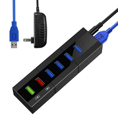 KOOTION 6-Port USB 3.0 Hub with 24W Power Adapter and 4 High Speed USB 3.0 Data Transfer Ports, 1 BC1.2 and 1 Smart Charging Ports for PC, USB Flash Drives, Mouse and More,