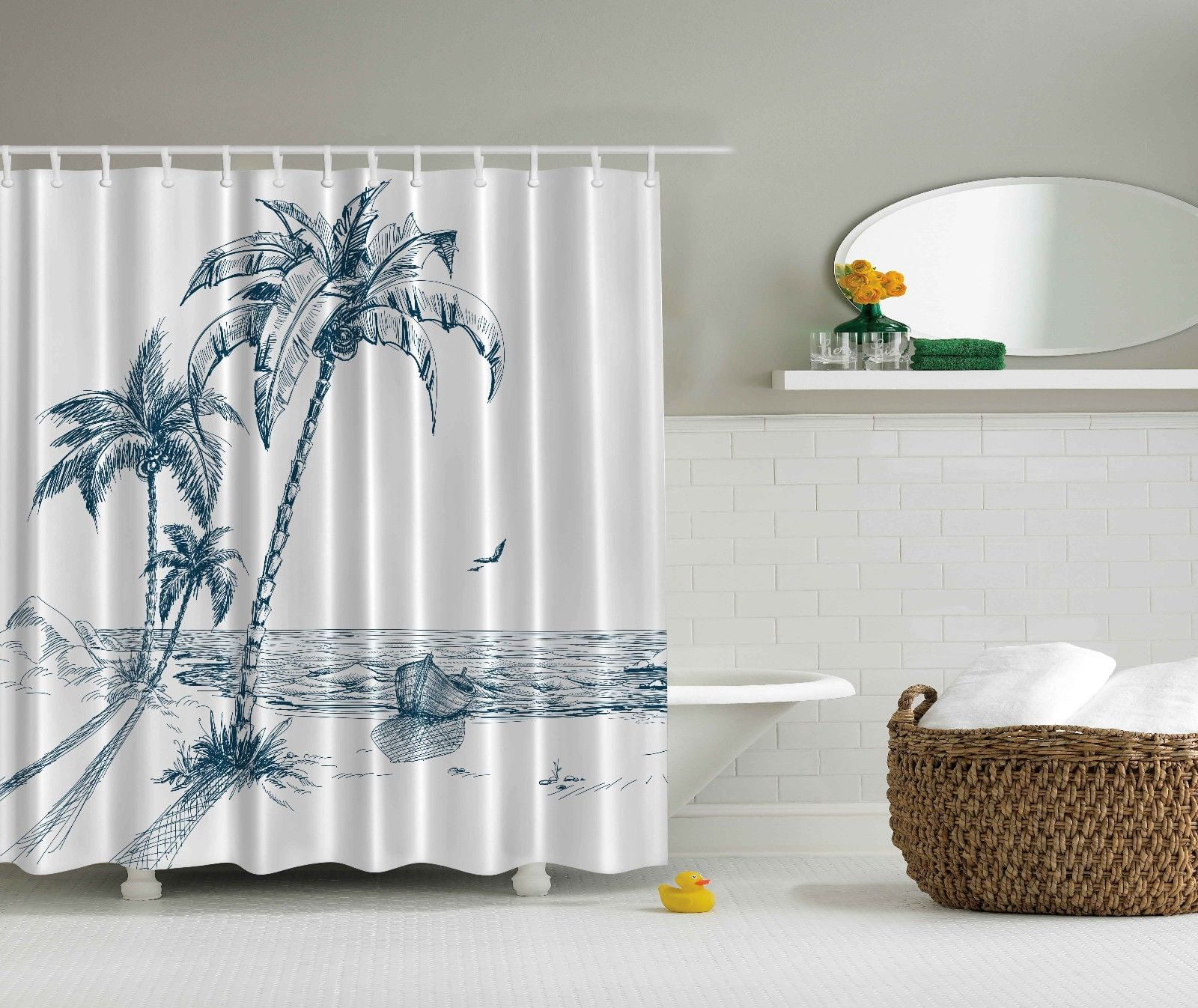 Tropical Beach Desert Island Palm Trees Blue Sea Bathroom Shower Curtain Hooks 