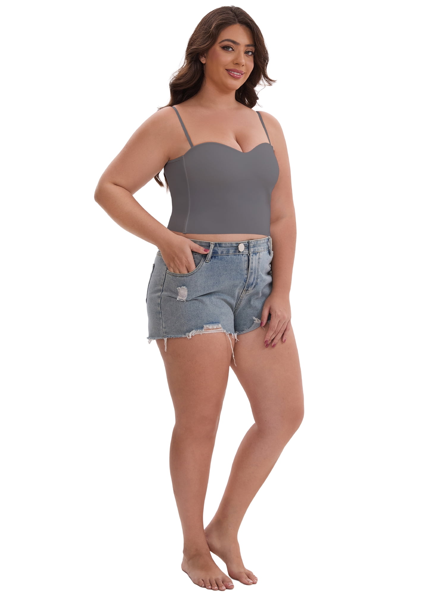 DARING DIVA Women's Plus Spaghetti Straps Wireless Padded Camisole XL Gray