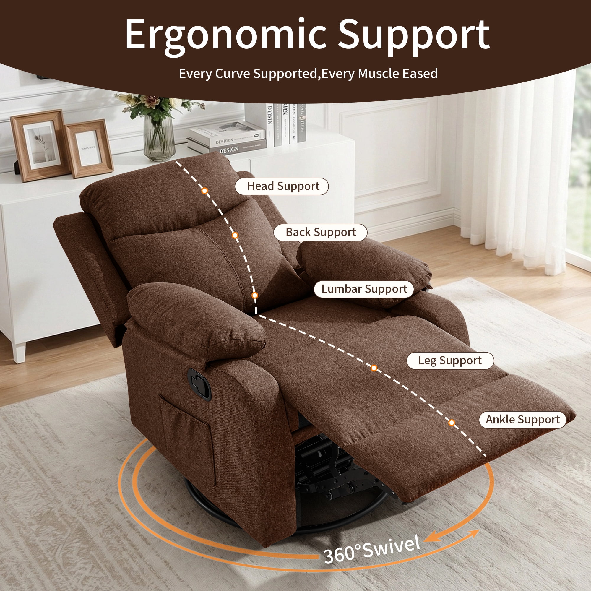 GEEYOO Manual Swivel Rocker Recliner Chair with Side Pockets,Small Recliner Chair for Small Spaces,Upholstered Linen Fabric Glider Nursery Chair for Living Room,Brown