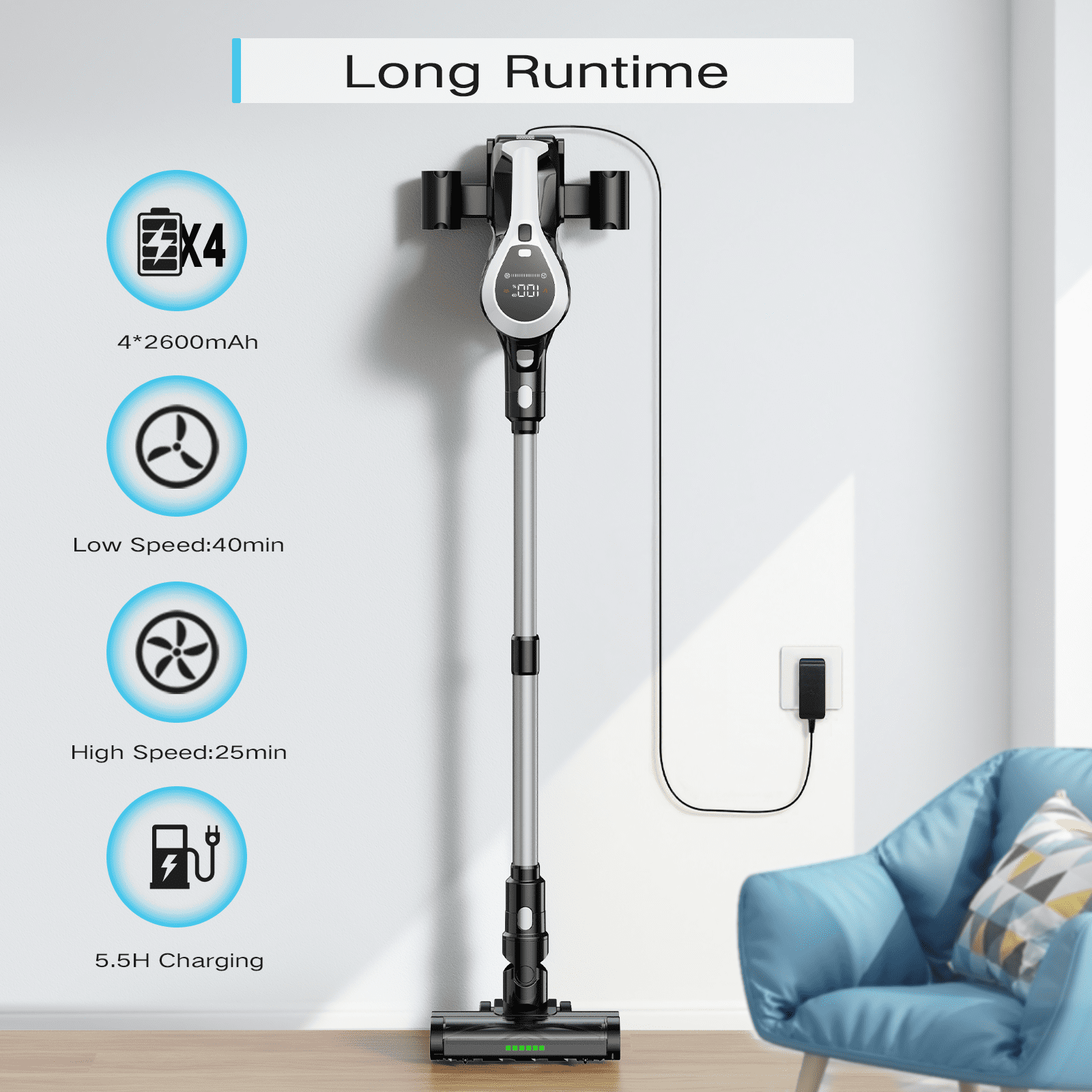 MOOSOO Stick Vacuum Cleaner, LED Display, Anti-Tangle Brush, Powerful No-Fading Suction for Pet Hair, Hard Floors and Carpet