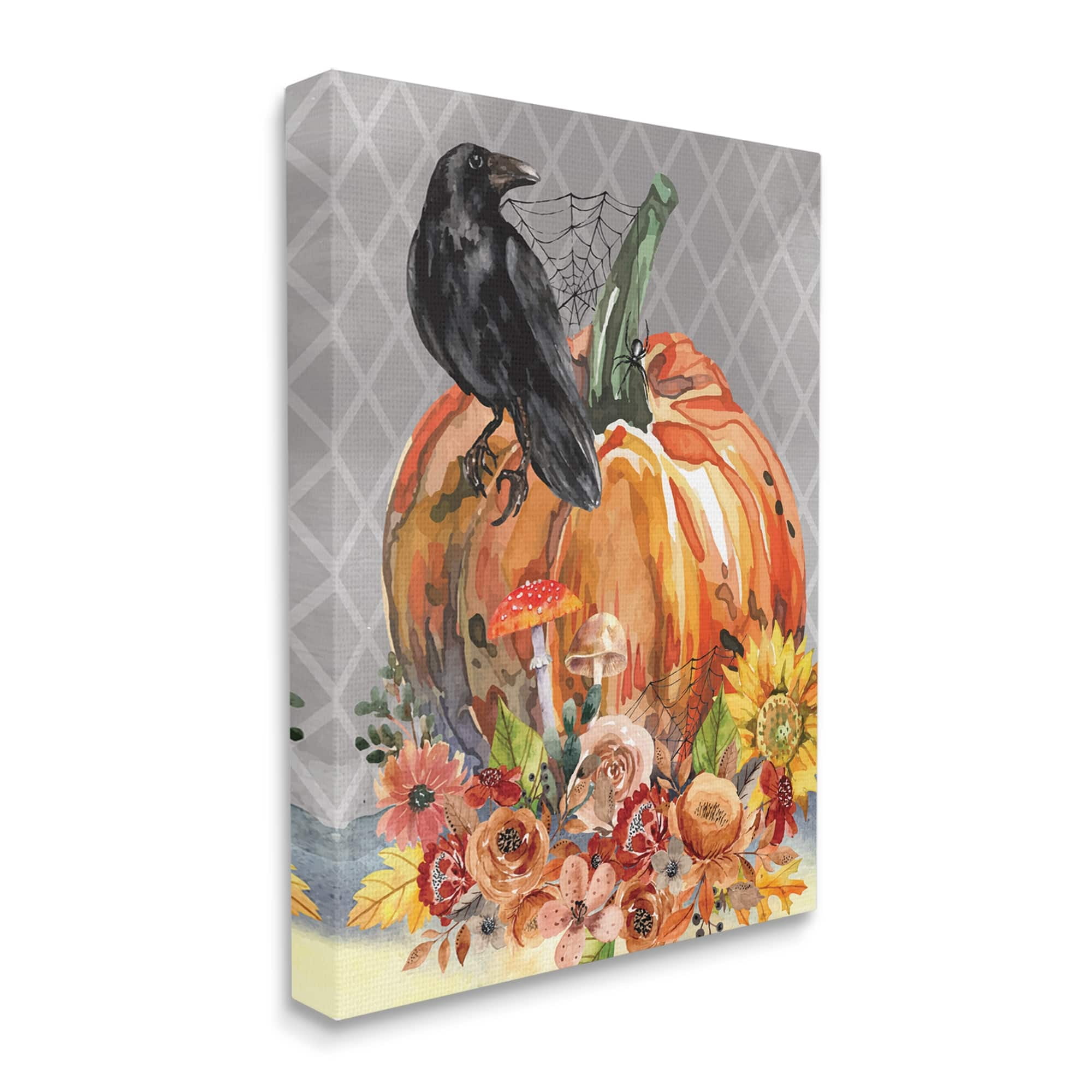 Stupell Industries Autumn Crow Pumpkin Botanicals Holiday Painting Gallery Wrapped Canvas Print Wall Art