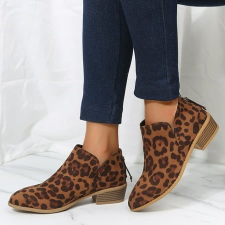 

Cathalem Heeled Boots for Women Tan Fashion Women Flock Leopard Print Autumn Square Heels Zipper Short Women Boots Flat Leather Brown 7