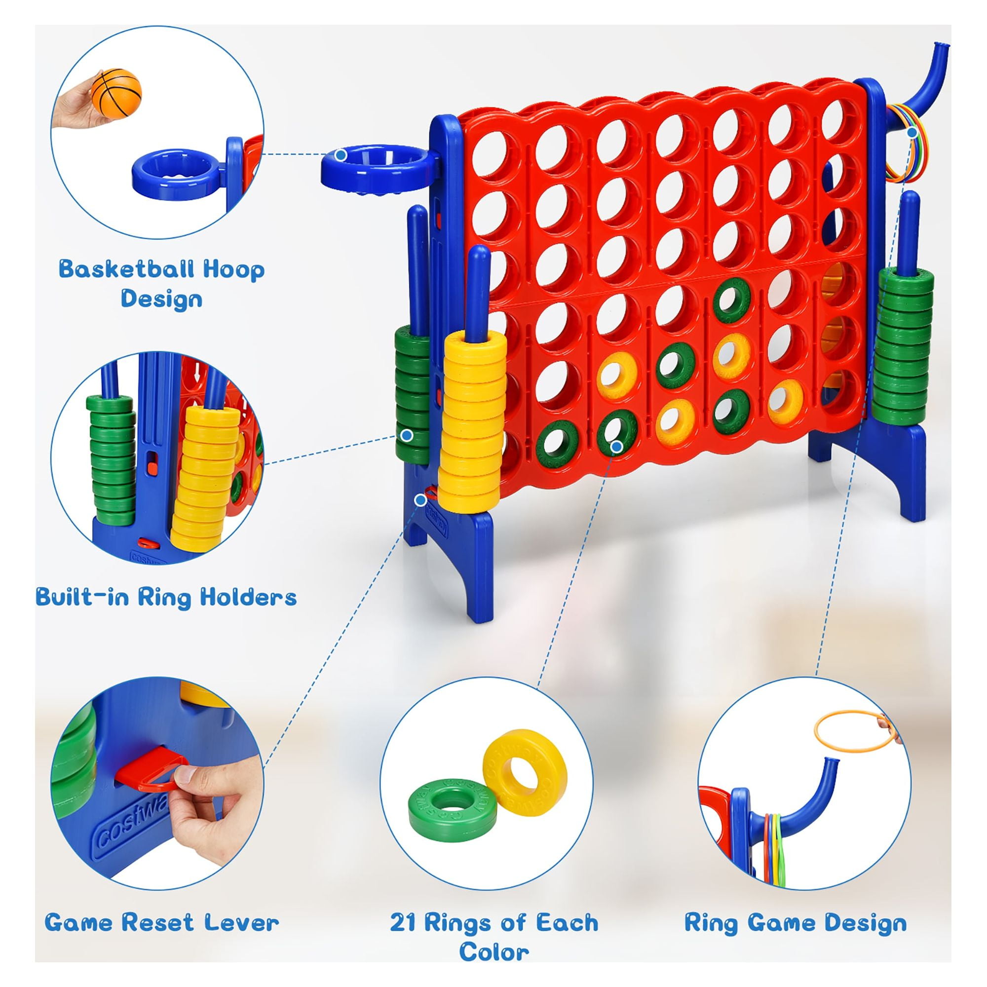Costway 4-in-A Row Giant Game Set w/Basketball Hoop for Family Blue