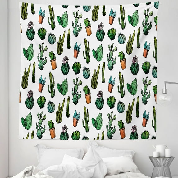 Cactus Tapestry, Sketchy Spiked Mexican Garden Foliage Boho Hand Drawn Style Line Art Cacti in Pots, Fabric Wall Hanging Decor for Bedroom Living Room Dorm, 5 Sizes, Multicolor, by Ambesonne
