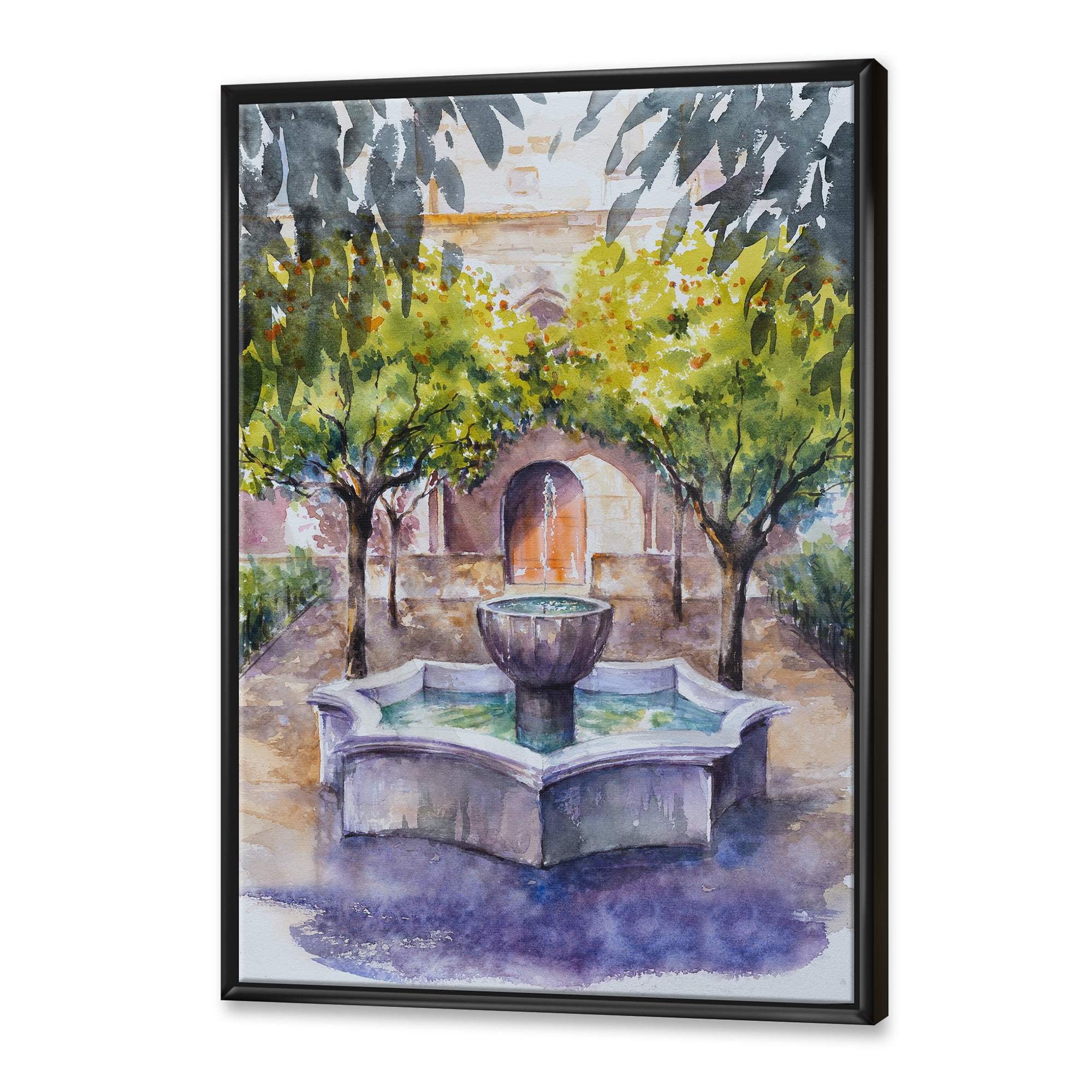 Designart 'Small Fountain With Trees In The Village House' Country Framed Canvas Wall Art Print