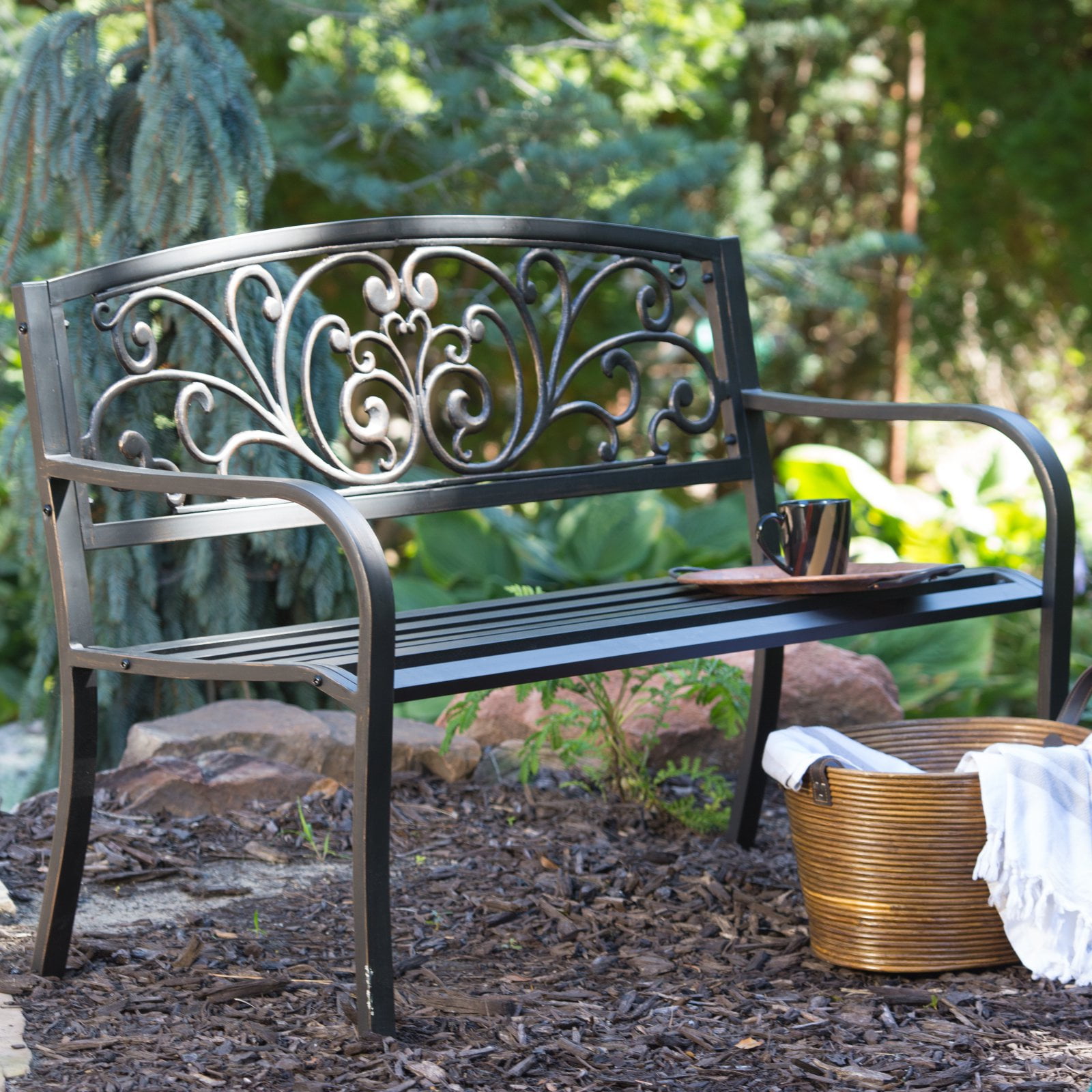 Coral Coast Scrolling Hearts Curved Back Metal Garden Bench by