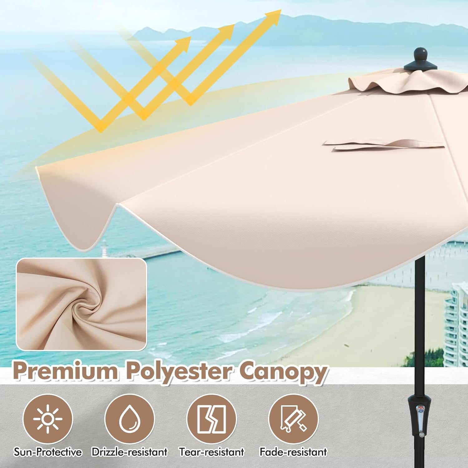 ZYPPP  9Ft Patio Umbrella, Outdoor Umbrella with Crank Handle, Push Button Tilt, 2-Tier Beach Umbrella with Sun-Protective Canopy, 8 Ribs, Scalloped Patio Umbrella for Outdoor Deck Pool Table (Beige)