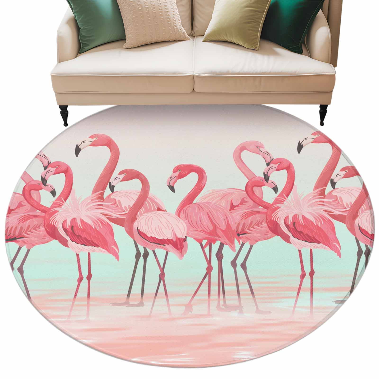 Pink Flamingo Round Rugs 7ft, Summer Tropical Flamingo Hawaii Animals Non Slip Washable Rug Runner, Low Pile Indoor Floor Carpet Mat Bathroom Rugs for Living Room, Bedroom, Kids Room