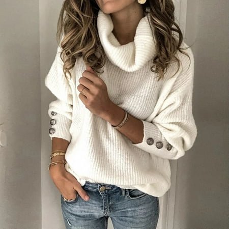 MKLEKYY Chandails Rouges pour Femmes Col Roulé Pull à Boutons Manches Longues Pull Tricoté Ample
